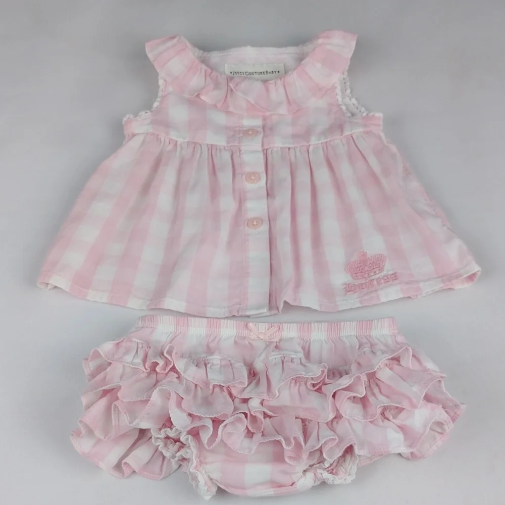 Juicy Couture Light Pink Gingham Ruffled Dress And Pants Set.